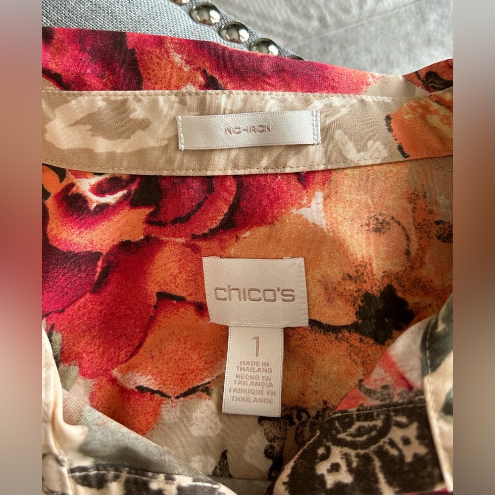 Chicos Floral No Iron Easy Care Long Sleeve Blouse Top Autumn Size M 8 - Picture 6 of 13